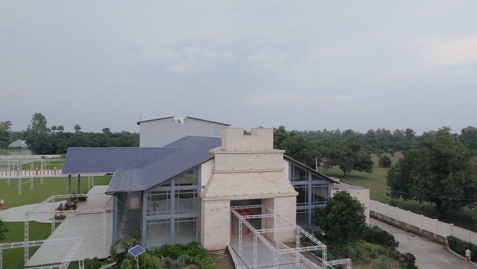 Balcony view overlooking lush green lawn