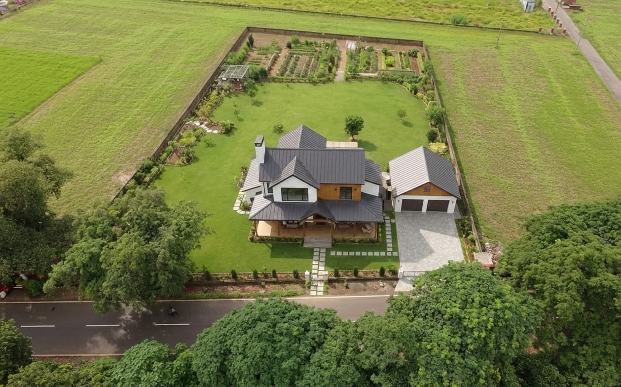 Grand villa front view with fountain and landscaped garden