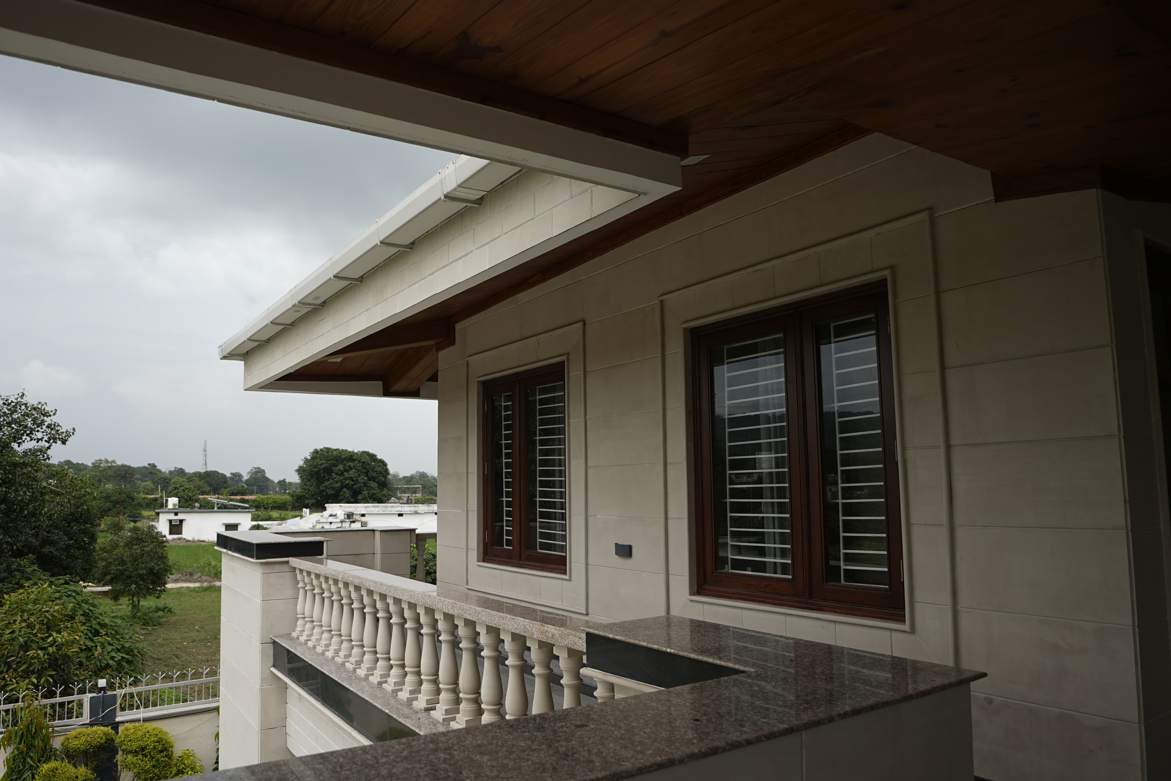 Villa balcony with wooden ceiling detail